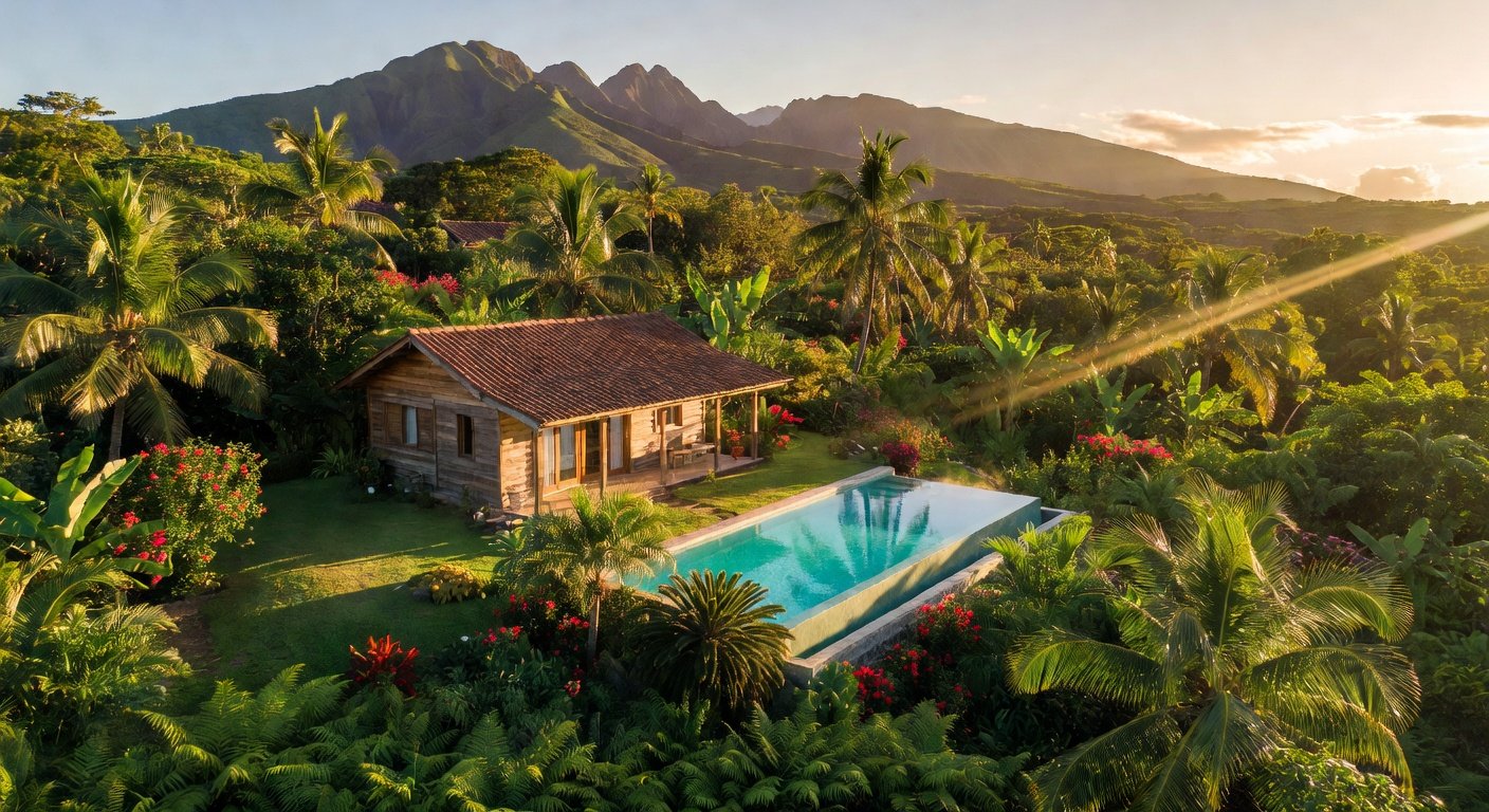 Vue aérienne d'un gîte avec piscine à La Réunion, entouré de végétation tropicale